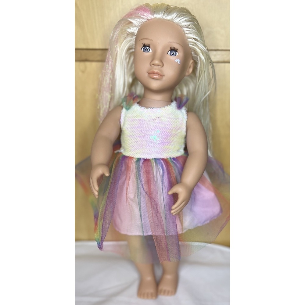 Our Generation 18"‎ Blonde Doll Pink Hair Streak Rainbow Tattoo Dress Blue Eyes